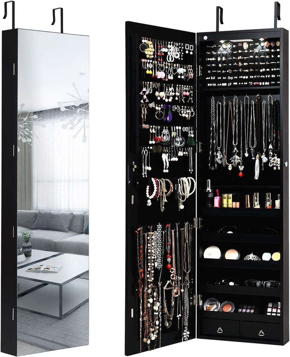 Giantex Wall Door Mounted Jewelry Armoire Cabinet with 47.5 H Full Length Mirror, 2 LEDs Lockable Jewelry Organizer Box with Bracelet Rod, 2 Drawers, Large Storage Capacity - 1