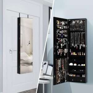 Giantex Wall Door Mounted Jewelry Armoire Cabinet with 47.5 H Full Length Mirror, 2 LEDs Lockable Jewelry Organizer Box with Bracelet Rod, 2 Drawers, Large Storage Capacity - 2