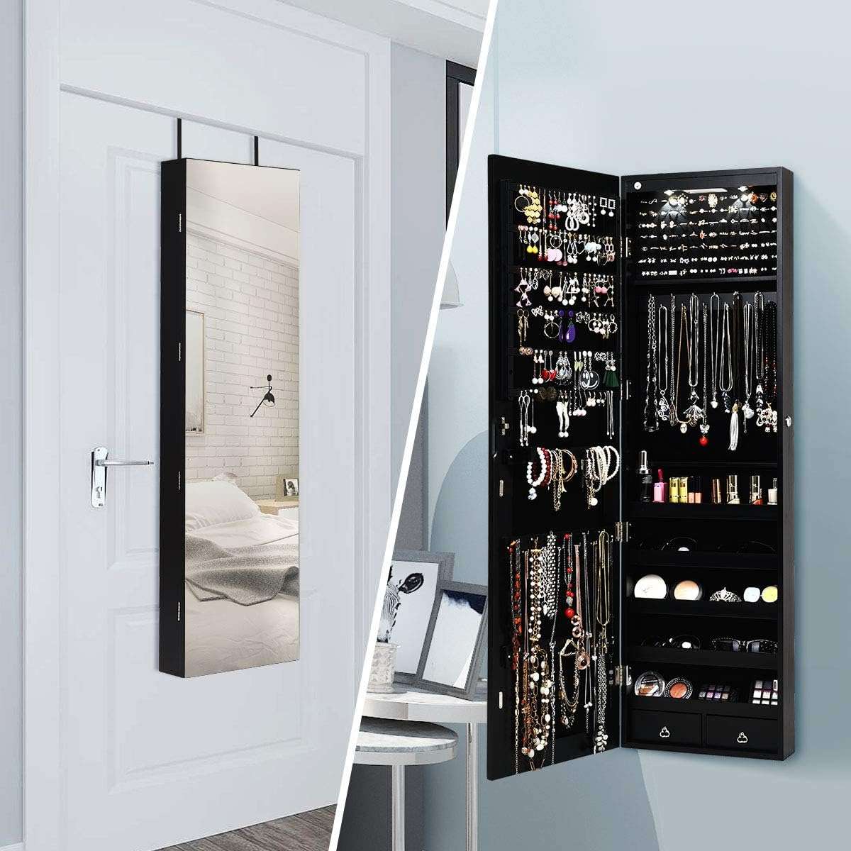 Giantex Wall Door Mounted Jewelry Armoire Cabinet with 47.5 H Full Length Mirror, 2 LEDs Lockable Jewelry Organizer Box with Bracelet Rod, 2 Drawers, Large Storage Capacity - 2