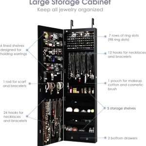 Giantex Wall Door Mounted Jewelry Armoire Cabinet with 47.5 H Full Length Mirror, 2 LEDs Lockable Jewelry Organizer Box with Bracelet Rod, 2 Drawers, Large Storage Capacity - 3