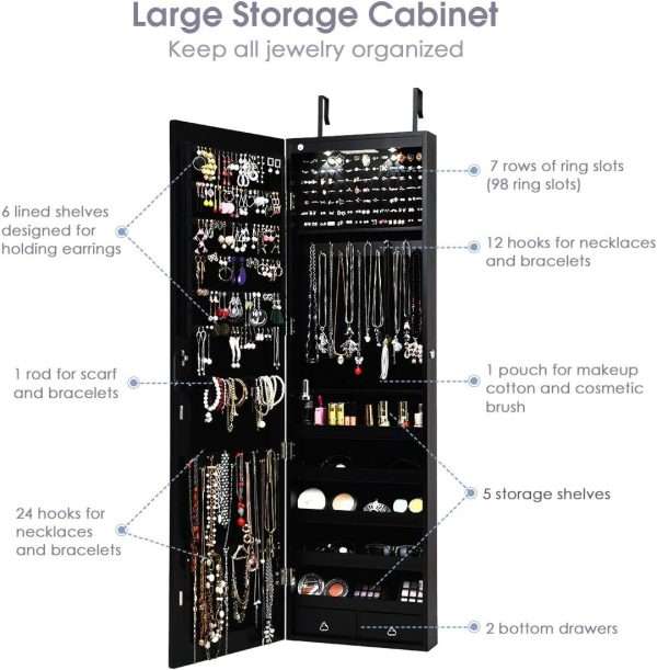 Giantex Wall Door Mounted Jewelry Armoire Cabinet with 47.5 H Full Length Mirror, 2 LEDs Lockable Jewelry Organizer Box with Bracelet Rod, 2 Drawers, Large Storage Capacity - 3