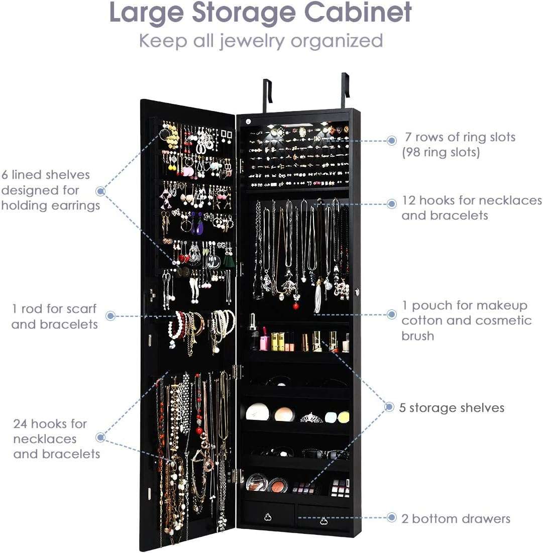 Giantex Wall Door Mounted Jewelry Armoire Cabinet with 47.5 H Full Length Mirror, 2 LEDs Lockable Jewelry Organizer Box with Bracelet Rod, 2 Drawers, Large Storage Capacity - 3