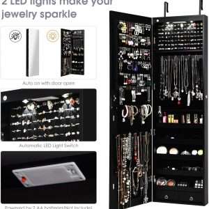 Giantex Wall Door Mounted Jewelry Armoire Cabinet with 47.5 H Full Length Mirror, 2 LEDs Lockable Jewelry Organizer Box with Bracelet Rod, 2 Drawers, Large Storage Capacity - 4