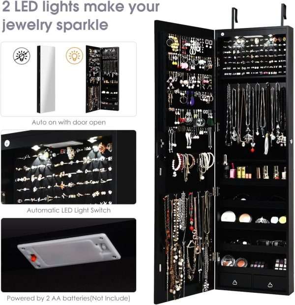 Giantex Wall Door Mounted Jewelry Armoire Cabinet with 47.5 H Full Length Mirror, 2 LEDs Lockable Jewelry Organizer Box with Bracelet Rod, 2 Drawers, Large Storage Capacity - 4
