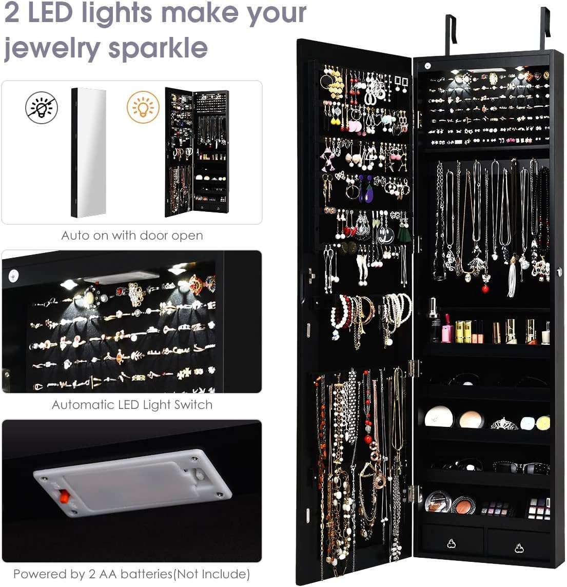 Giantex Wall Door Mounted Jewelry Armoire Cabinet with 47.5 H Full Length Mirror, 2 LEDs Lockable Jewelry Organizer Box with Bracelet Rod, 2 Drawers, Large Storage Capacity - 4
