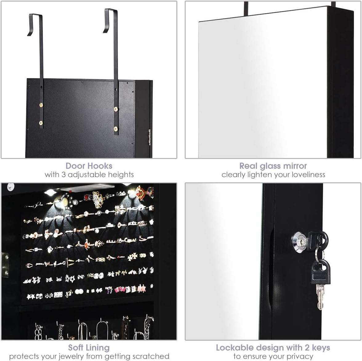 Giantex Wall Door Mounted Jewelry Armoire Cabinet with 47.5 H Full Length Mirror, 2 LEDs Lockable Jewelry Organizer Box with Bracelet Rod, 2 Drawers, Large Storage Capacity - 5