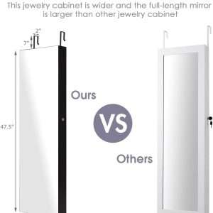 Giantex Wall Door Mounted Jewelry Armoire Cabinet with 47.5 H Full Length Mirror, 2 LEDs Lockable Jewelry Organizer Box with Bracelet Rod, 2 Drawers, Large Storage Capacity - 6