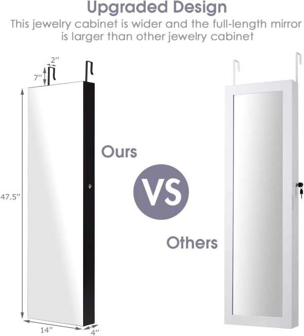 Giantex Wall Door Mounted Jewelry Armoire Cabinet with 47.5 H Full Length Mirror, 2 LEDs Lockable Jewelry Organizer Box with Bracelet Rod, 2 Drawers, Large Storage Capacity - 6