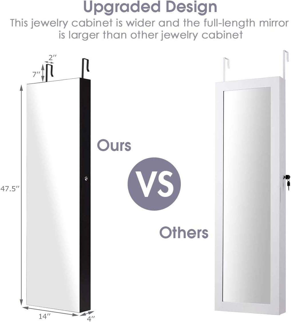 Giantex Wall Door Mounted Jewelry Armoire Cabinet with 47.5 H Full Length Mirror, 2 LEDs Lockable Jewelry Organizer Box with Bracelet Rod, 2 Drawers, Large Storage Capacity - 6