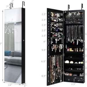 Giantex Wall Door Mounted Jewelry Armoire Cabinet with 47.5 H Full Length Mirror, 2 LEDs Lockable Jewelry Organizer Box with Bracelet Rod, 2 Drawers, Large Storage Capacity - 7