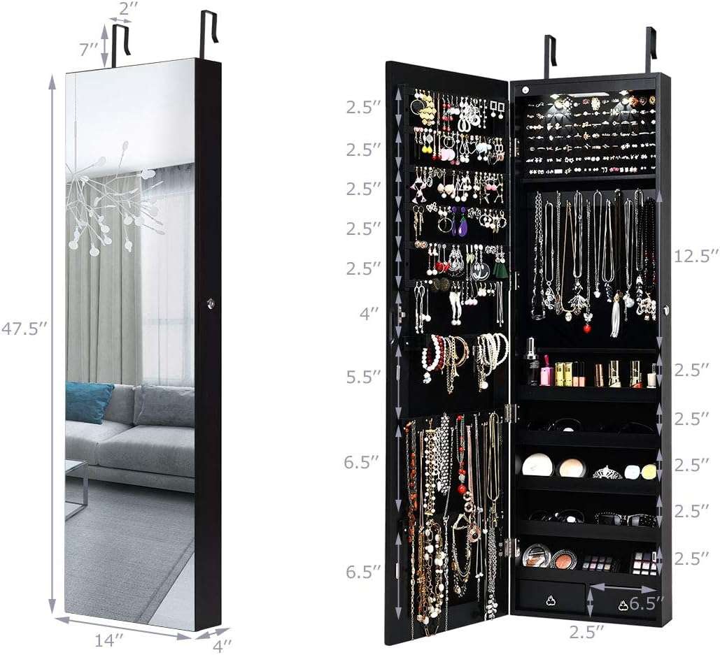 Giantex Wall Door Mounted Jewelry Armoire Cabinet with 47.5 H Full Length Mirror, 2 LEDs Lockable Jewelry Organizer Box with Bracelet Rod, 2 Drawers, Large Storage Capacity - 7
