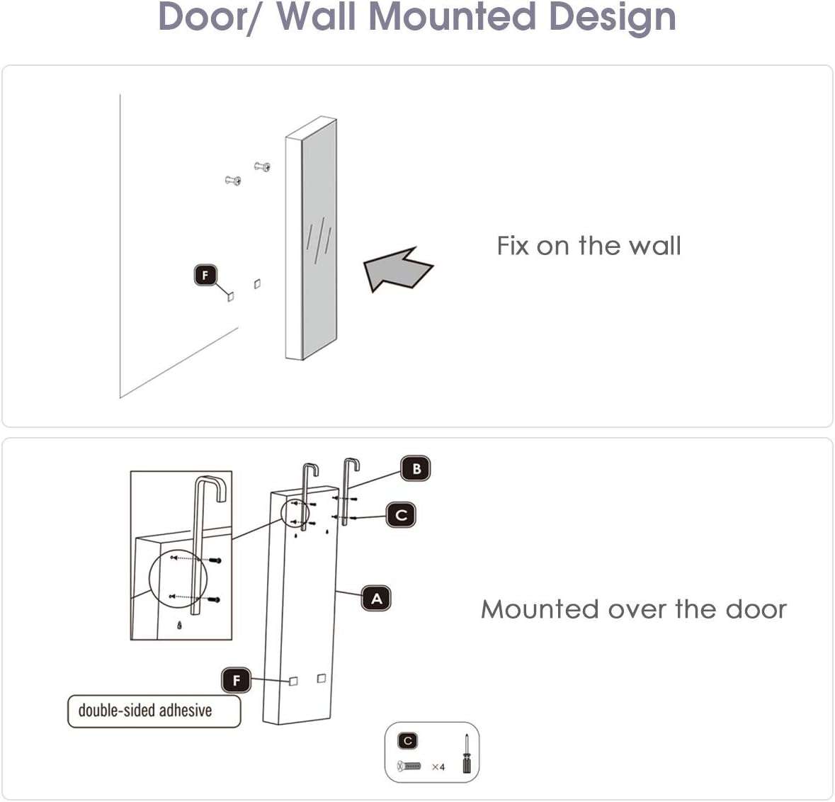 Giantex Wall Door Mounted Jewelry Armoire Cabinet with 47.5 H Full Length Mirror, 2 LEDs Lockable Jewelry Organizer Box with Bracelet Rod, 2 Drawers, Large Storage Capacity - 8