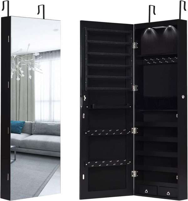 Giantex Wall Door Mounted Jewelry Armoire Cabinet with 47.5 H Full Length Mirror, 2 LEDs Lockable Jewelry Organizer Box with Bracelet Rod, 2 Drawers, Large Storage Capacity - 9