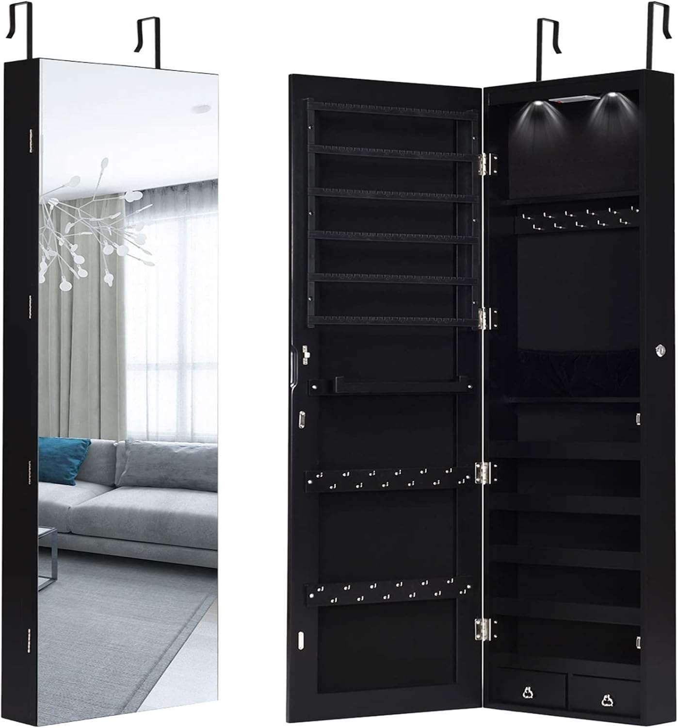 Giantex Wall Door Mounted Jewelry Armoire Cabinet with 47.5 H Full Length Mirror, 2 LEDs Lockable Jewelry Organizer Box with Bracelet Rod, 2 Drawers, Large Storage Capacity - 9