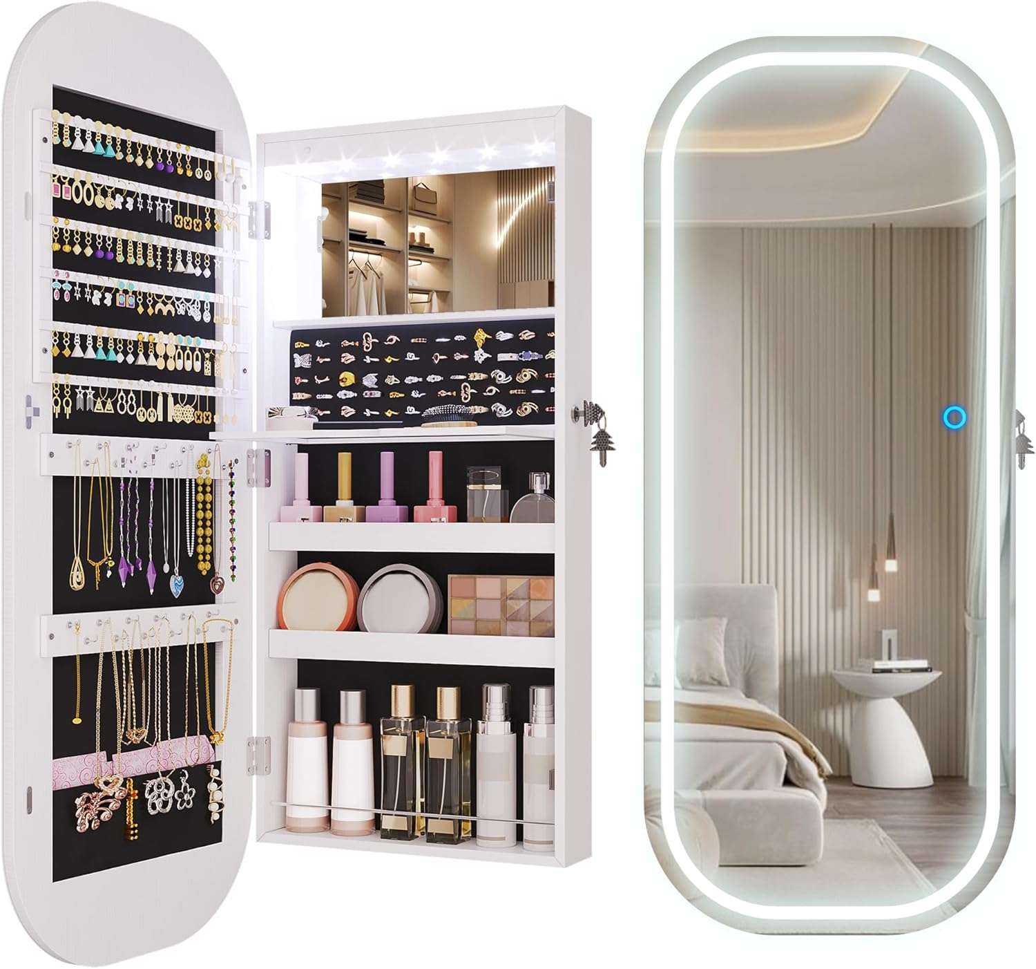 LVSOMT LED Mirror Jewelry Cabinet, Wall Mount-Over the Door Jewelry Armoire Organizer, Rounded Mirror with Storage, Foldable Shelf, Lockable Jewelry Cabinet, 16 Wide, Interior Mirror, White - 1