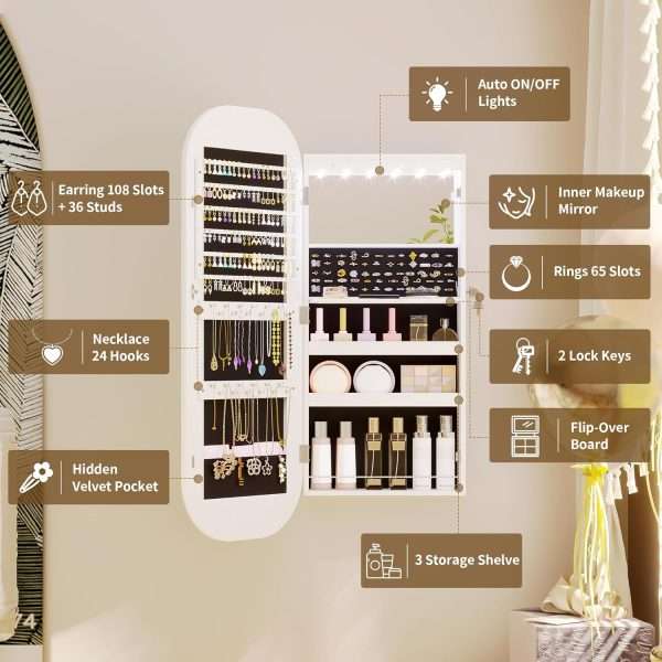LVSOMT LED Mirror Jewelry Cabinet, Wall Mount-Over the Door Jewelry Armoire Organizer, Rounded Mirror with Storage, Foldable Shelf, Lockable Jewelry Cabinet, 16 Wide, Interior Mirror, White - 2
