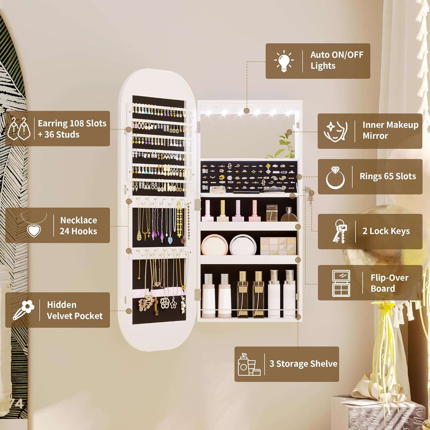 LVSOMT LED Mirror Jewelry Cabinet, Wall Mount-Over the Door Jewelry Armoire Organizer, Rounded Mirror with Storage, Foldable Shelf, Lockable Jewelry Cabinet, 16 Wide, Interior Mirror, White - 2