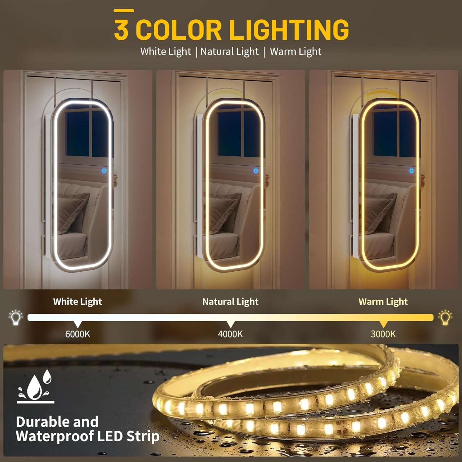 LVSOMT LED Mirror Jewelry Cabinet, Wall Mount-Over the Door Jewelry Armoire Organizer, Rounded Mirror with Storage, Foldable Shelf, Lockable Jewelry Cabinet, 16 Wide, Interior Mirror, White - 3