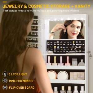 LVSOMT LED Mirror Jewelry Cabinet, Wall Mount-Over the Door Jewelry Armoire Organizer, Rounded Mirror with Storage, Foldable Shelf, Lockable Jewelry Cabinet, 16 Wide, Interior Mirror, White - 5