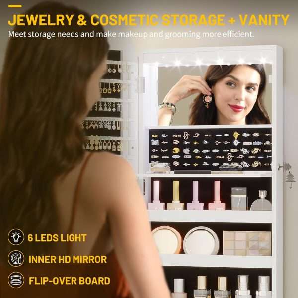 LVSOMT LED Mirror Jewelry Cabinet, Wall Mount-Over the Door Jewelry Armoire Organizer, Rounded Mirror with Storage, Foldable Shelf, Lockable Jewelry Cabinet, 16 Wide, Interior Mirror, White - 5