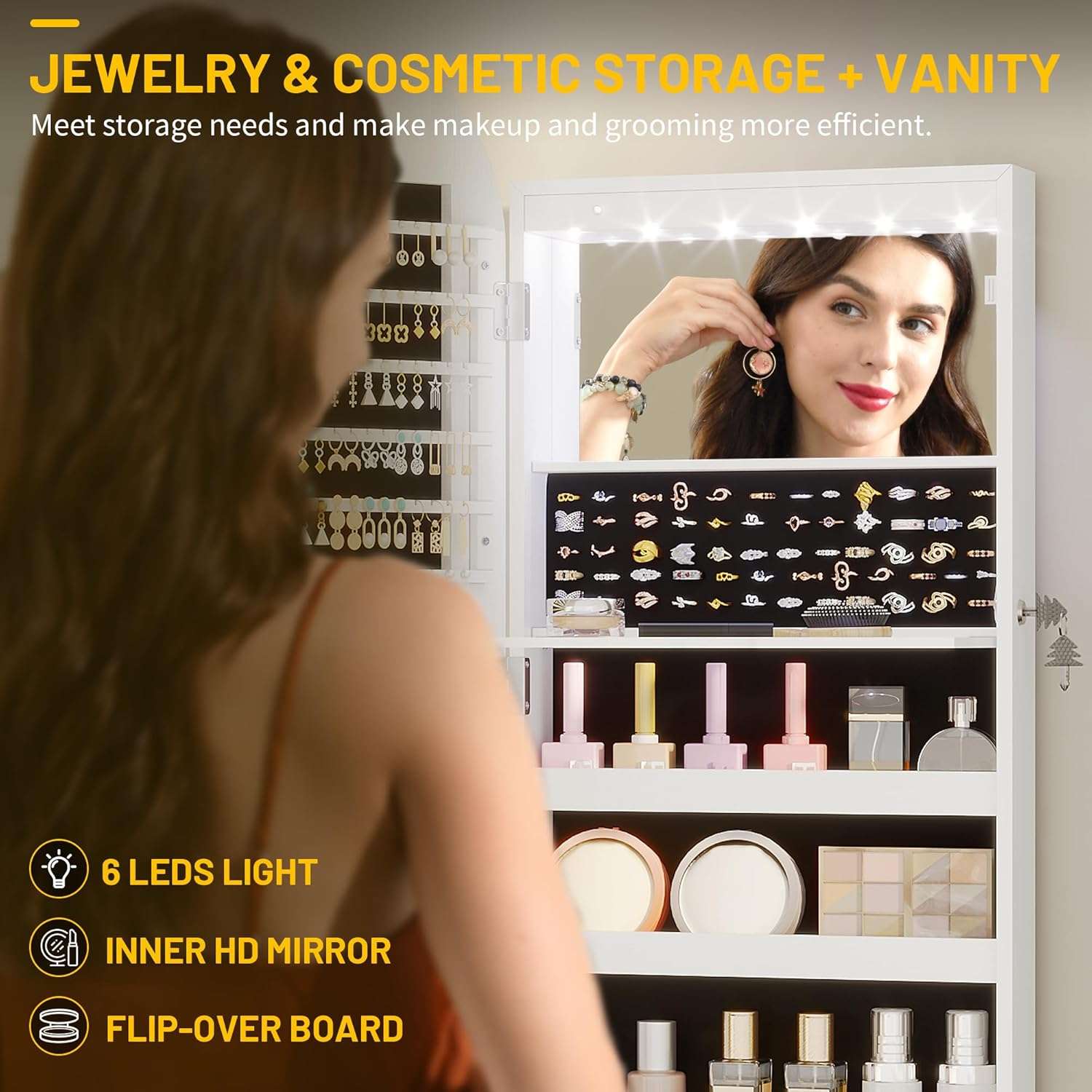 LVSOMT LED Mirror Jewelry Cabinet, Wall Mount-Over the Door Jewelry Armoire Organizer, Rounded Mirror with Storage, Foldable Shelf, Lockable Jewelry Cabinet, 16 Wide, Interior Mirror, White - 5