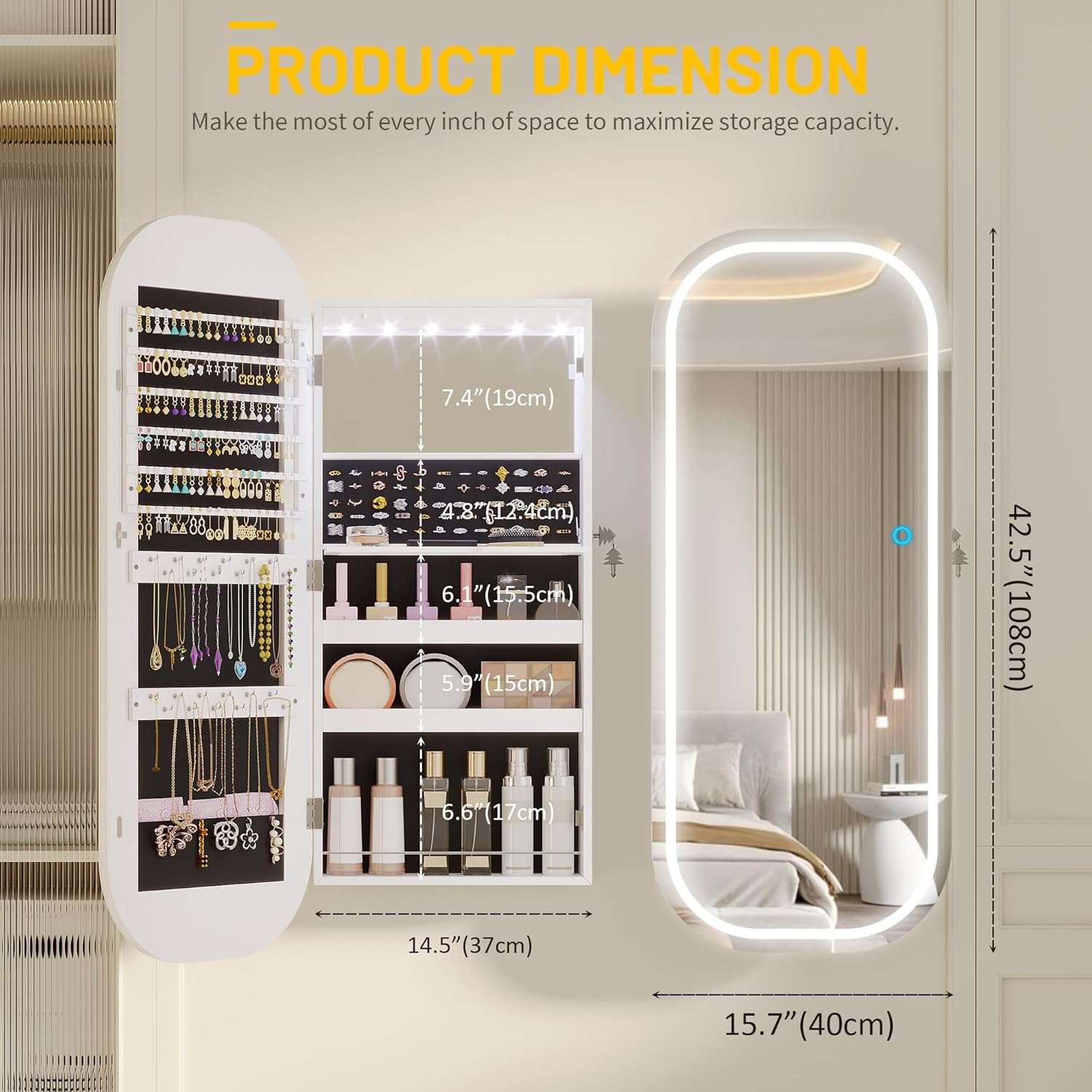 LVSOMT LED Mirror Jewelry Cabinet, Wall Mount-Over the Door Jewelry Armoire Organizer, Rounded Mirror with Storage, Foldable Shelf, Lockable Jewelry Cabinet, 16 Wide, Interior Mirror, White - 6