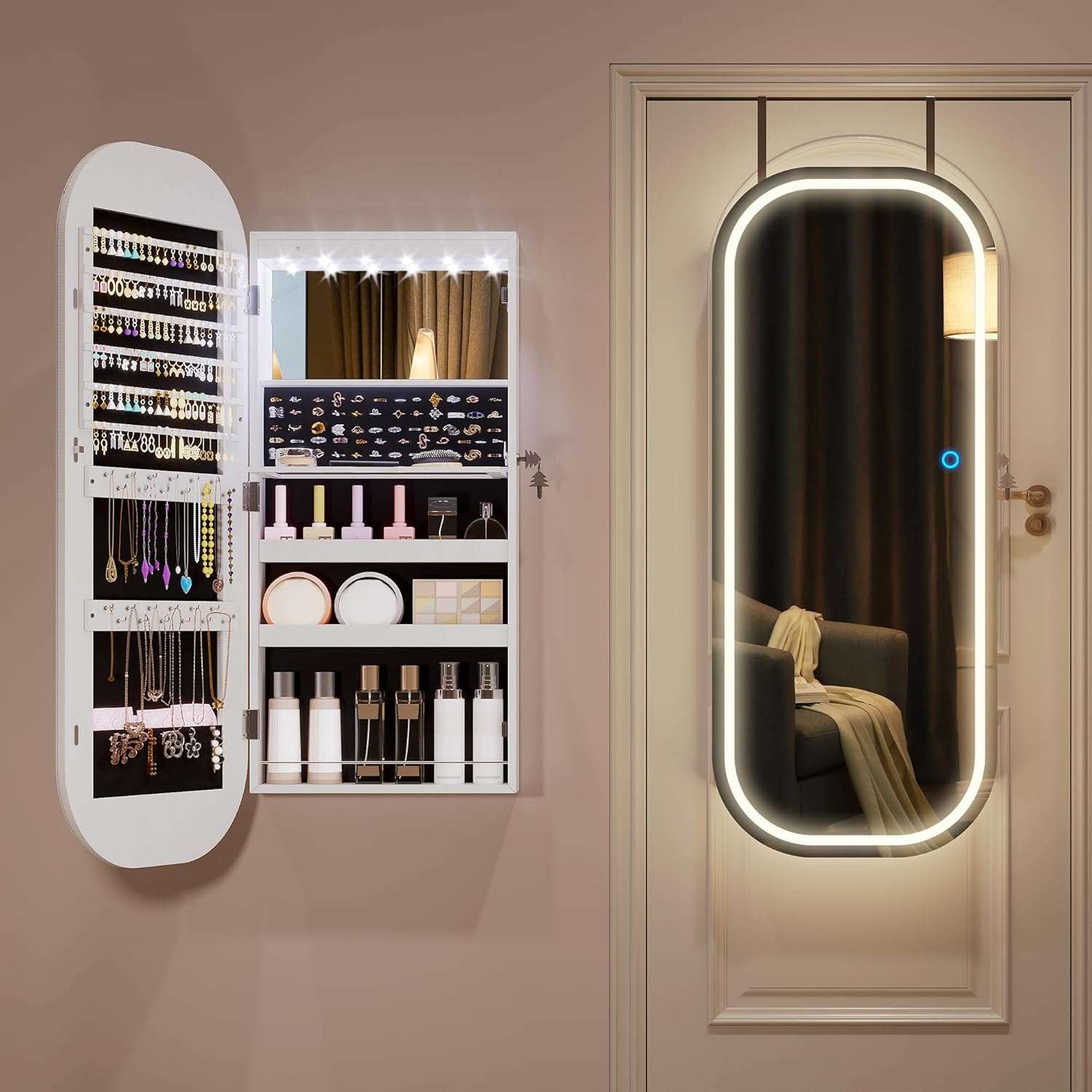 LVSOMT LED Mirror Jewelry Cabinet, Wall Mount-Over the Door Jewelry Armoire Organizer, Rounded Mirror with Storage, Foldable Shelf, Lockable Jewelry Cabinet, 16 Wide, Interior Mirror, White - 9