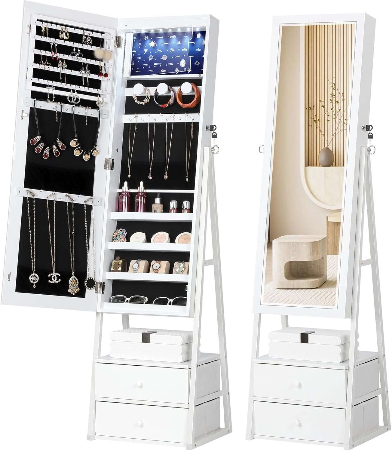 Nicetree LED Jewelry Cabinet Armoire with 2 Drawers, Lockable Standing Mirror Jewelry Cabinet, Full Length Mirror with Jewelry Storage, Christmas Gifts, White - 1