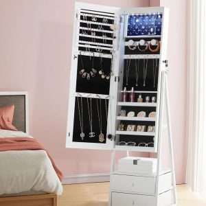 Nicetree LED Jewelry Cabinet Armoire with 2 Drawers, Lockable Standing Mirror Jewelry Cabinet, Full Length Mirror with Jewelry Storage, Christmas Gifts, White - 3