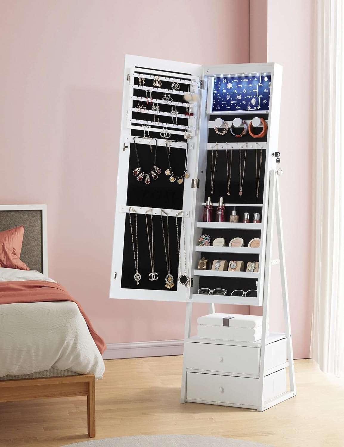 Nicetree LED Jewelry Cabinet Armoire with 2 Drawers, Lockable Standing Mirror Jewelry Cabinet, Full Length Mirror with Jewelry Storage, Christmas Gifts, White - 3