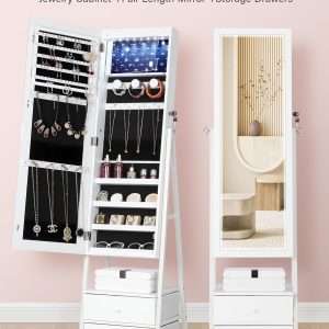 Nicetree LED Jewelry Cabinet Armoire with 2 Drawers, Lockable Standing Mirror Jewelry Cabinet, Full Length Mirror with Jewelry Storage, Christmas Gifts, White - 4