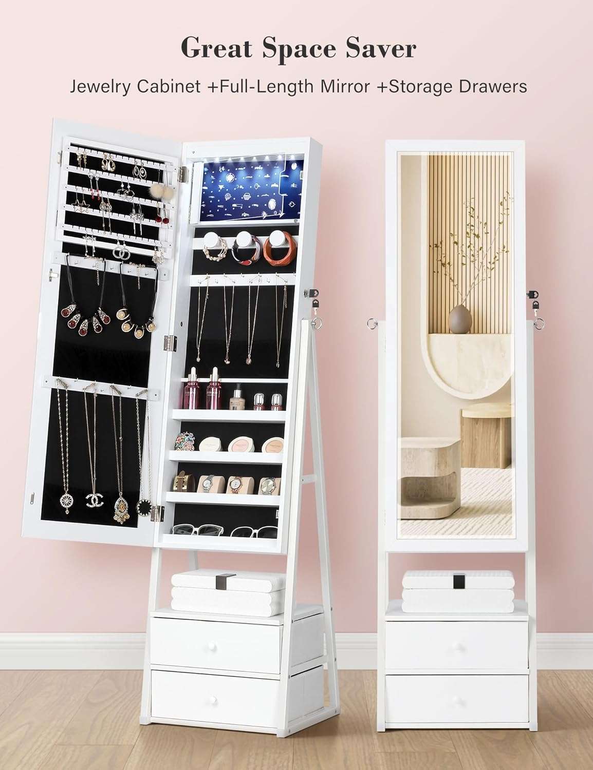 Nicetree LED Jewelry Cabinet Armoire with 2 Drawers, Lockable Standing Mirror Jewelry Cabinet, Full Length Mirror with Jewelry Storage, Christmas Gifts, White - 4