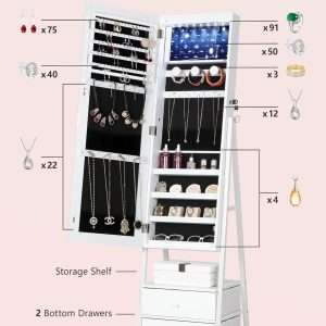 Nicetree LED Jewelry Cabinet Armoire with 2 Drawers, Lockable Standing Mirror Jewelry Cabinet, Full Length Mirror with Jewelry Storage, Christmas Gifts, White - 5