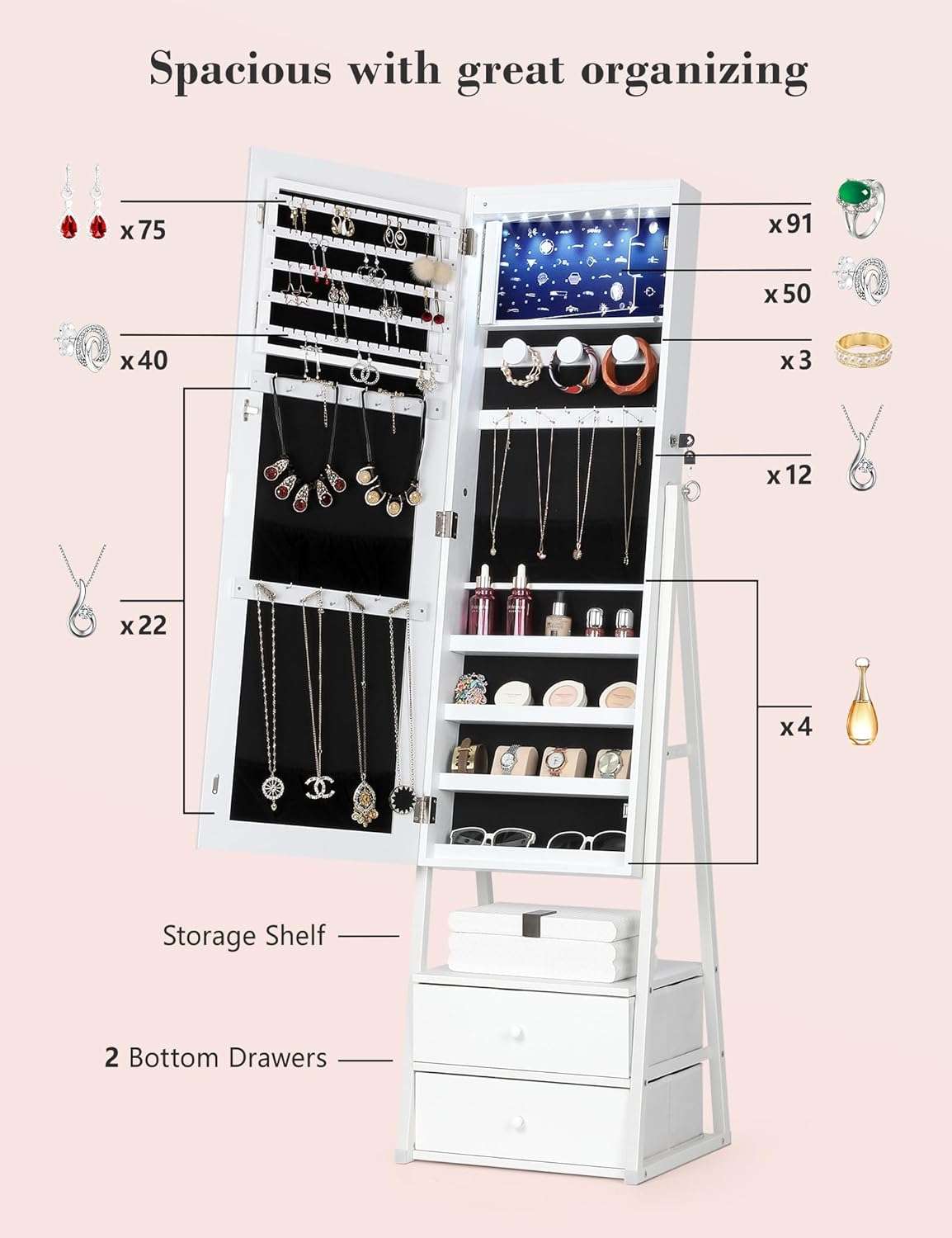 Nicetree LED Jewelry Cabinet Armoire with 2 Drawers, Lockable Standing Mirror Jewelry Cabinet, Full Length Mirror with Jewelry Storage, Christmas Gifts, White - 5