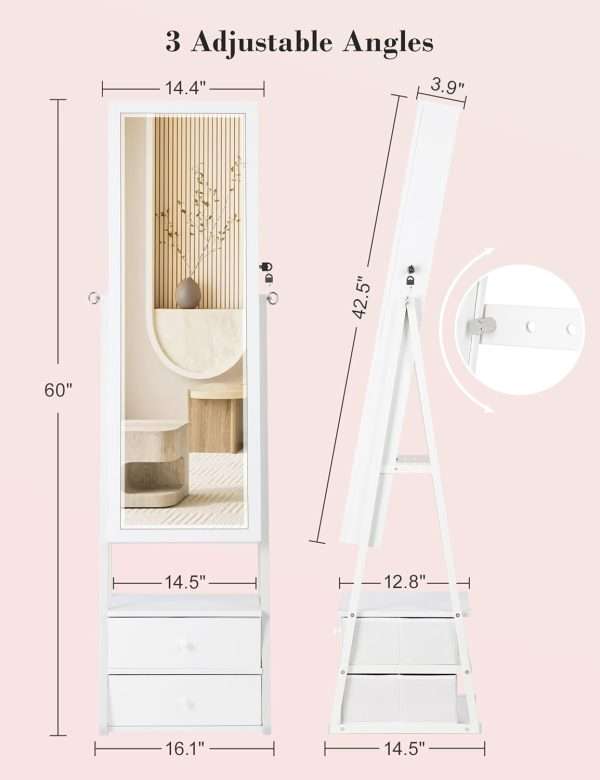 Nicetree LED Jewelry Cabinet Armoire with 2 Drawers, Lockable Standing Mirror Jewelry Cabinet, Full Length Mirror with Jewelry Storage, Christmas Gifts, White - 8