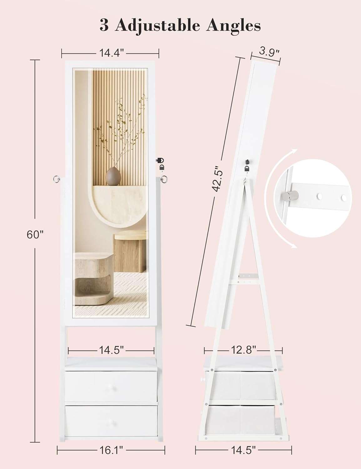 Nicetree LED Jewelry Cabinet Armoire with 2 Drawers, Lockable Standing Mirror Jewelry Cabinet, Full Length Mirror with Jewelry Storage, Christmas Gifts, White - 8
