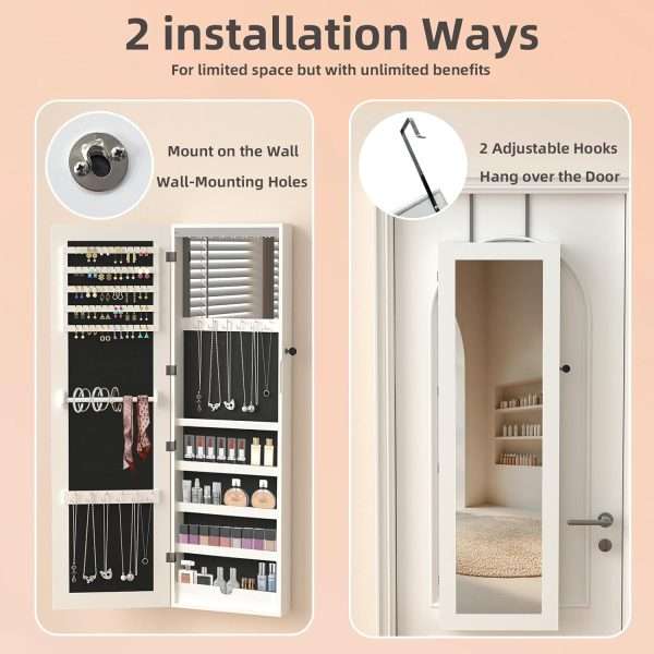 RQZ Product image 8 LEDs Mirror Jewelry Cabinet, Large Jewelry Armoire Organizer, Wall or Door Mounted Lockable Jewelry Storage with Interior Mirror, Large Capacity Storage - 5