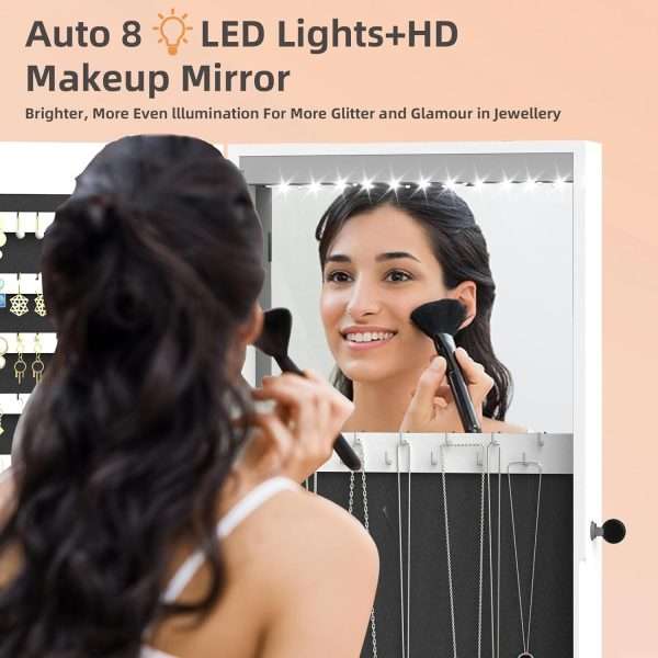 RQZ Product image 8 LEDs Mirror Jewelry Cabinet, Large Jewelry Armoire Organizer, Wall or Door Mounted Lockable Jewelry Storage with Interior Mirror, Large Capacity Storage - 6