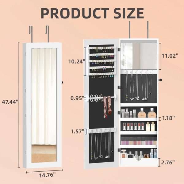 RQZ Product image 8 LEDs Mirror Jewelry Cabinet, Large Jewelry Armoire Organizer, Wall or Door Mounted Lockable Jewelry Storage with Interior Mirror, Large Capacity Storage - 7
