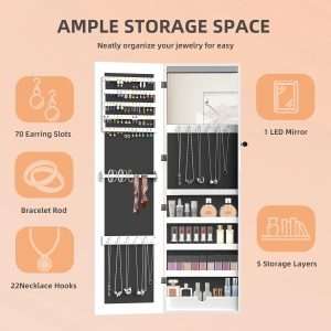 RQZ Product image 8 LEDs Mirror Jewelry Cabinet, Large Jewelry Armoire Organizer, Wall or Door Mounted Lockable Jewelry Storage with Interior Mirror, Large Capacity Storage - 8
