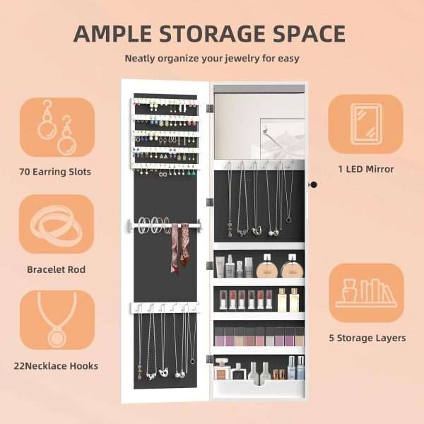 RQZ Product image 8 LEDs Mirror Jewelry Cabinet, Large Jewelry Armoire Organizer, Wall or Door Mounted Lockable Jewelry Storage with Interior Mirror, Large Capacity Storage - 8