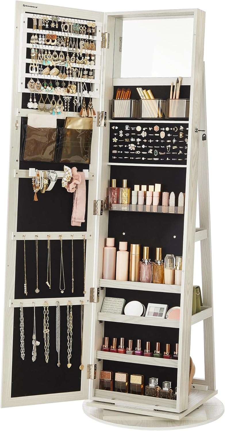 SONGMICS 360° Swivel Jewelry Cabinet, Lockable Jewelry Organizer with Full-Length Mirror, Rear Storage Shelves, Interior Mirror, Jewelry Armoire, Gift Idea, White with Gray Wood Grain - 1