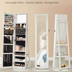 SONGMICS 360° Swivel Jewelry Cabinet, Lockable Jewelry Organizer with Full-Length Mirror, Rear Storage Shelves, Interior Mirror, Jewelry Armoire, Gift Idea, White with Gray Wood Grain - 3