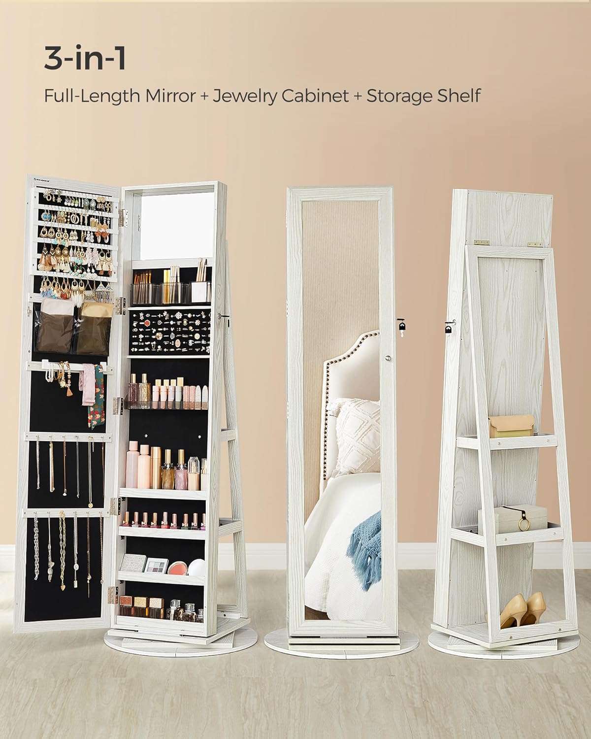 SONGMICS 360° Swivel Jewelry Cabinet, Lockable Jewelry Organizer with Full-Length Mirror, Rear Storage Shelves, Interior Mirror, Jewelry Armoire, Gift Idea, White with Gray Wood Grain - 3