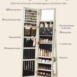 SONGMICS 360° Swivel Jewelry Cabinet, Lockable Jewelry Organizer with Full-Length Mirror, Rear Storage Shelves, Interior Mirror, Jewelry Armoire, Gift Idea, White with Gray Wood Grain - 4