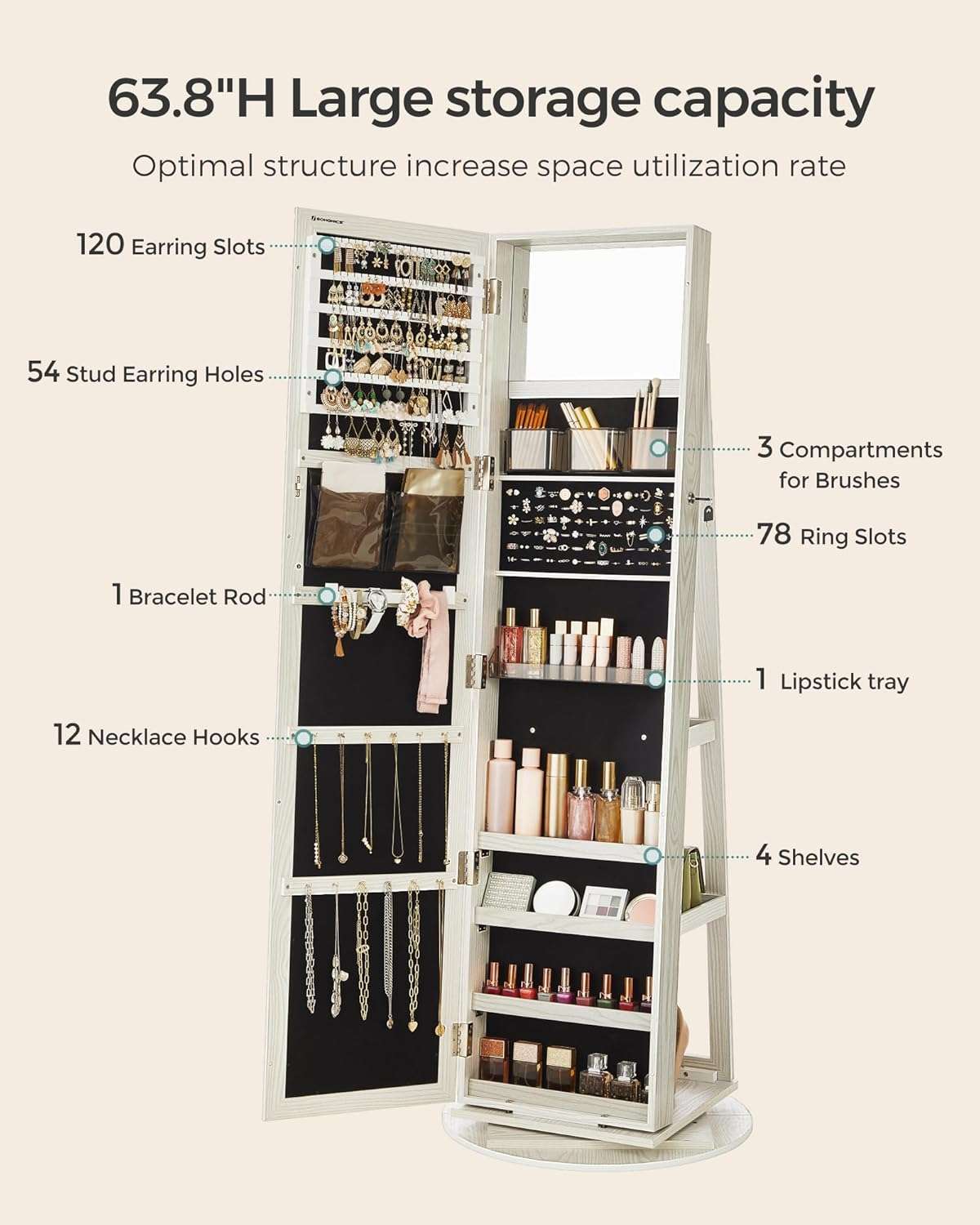 SONGMICS 360° Swivel Jewelry Cabinet, Lockable Jewelry Organizer with Full-Length Mirror, Rear Storage Shelves, Interior Mirror, Jewelry Armoire, Gift Idea, White with Gray Wood Grain - 4