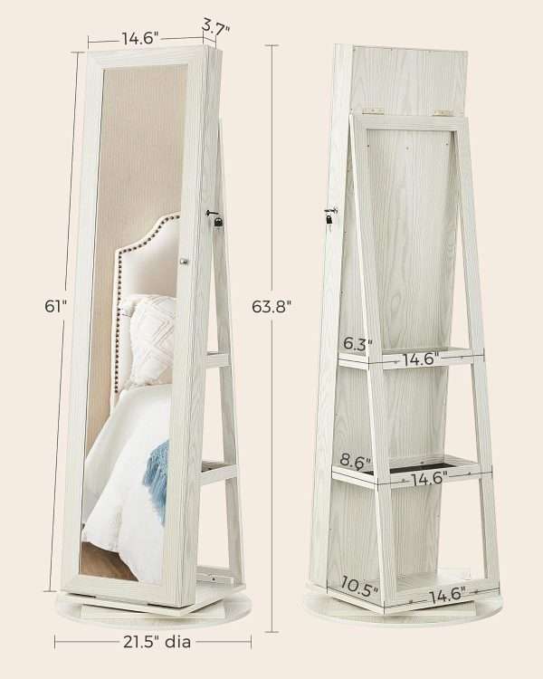 SONGMICS 360° Swivel Jewelry Cabinet, Lockable Jewelry Organizer with Full-Length Mirror, Rear Storage Shelves, Interior Mirror, Jewelry Armoire, Gift Idea, White with Gray Wood Grain - 6