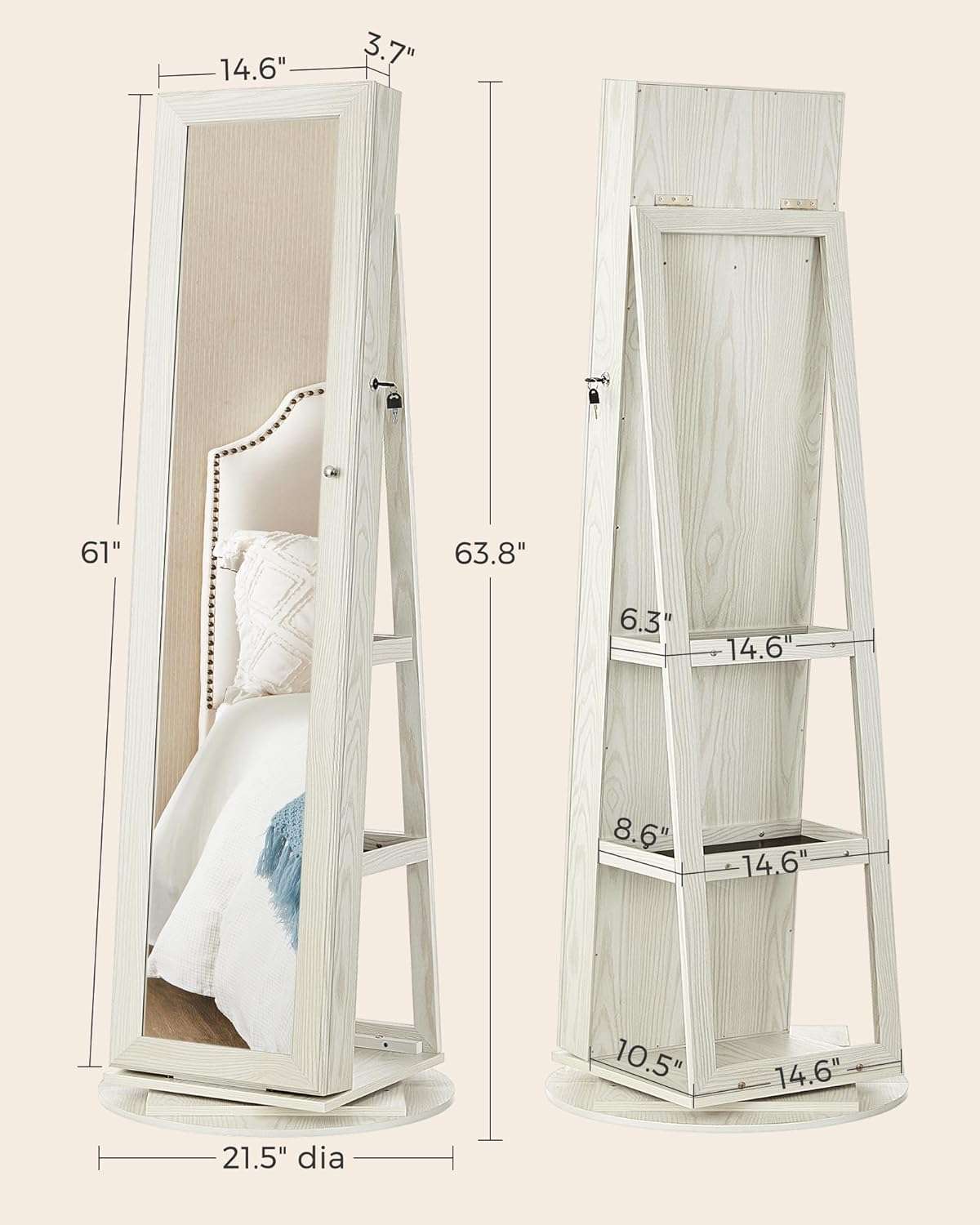 SONGMICS 360° Swivel Jewelry Cabinet, Lockable Jewelry Organizer with Full-Length Mirror, Rear Storage Shelves, Interior Mirror, Jewelry Armoire, Gift Idea, White with Gray Wood Grain - 6