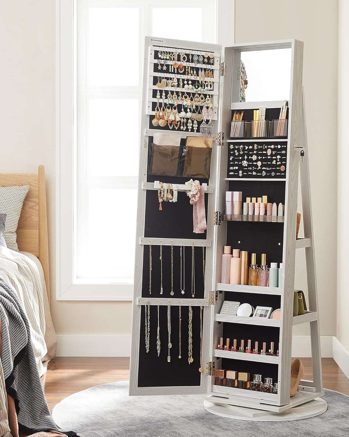SONGMICS 360° Swivel Jewelry Cabinet, Lockable Jewelry Organizer with Full-Length Mirror, Rear Storage Shelves, Interior Mirror, Jewelry Armoire, Gift Idea, White with Gray Wood Grain - 8