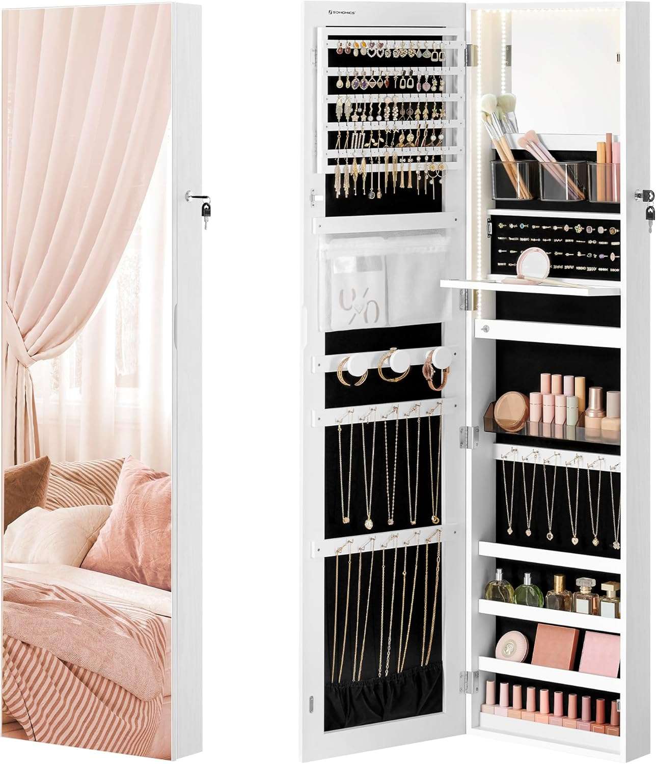 SONGMICS 55 Inches Tall Spacious Jewelry Cabinet, Jewelry Armoire with Light-Up Interior Mirror, Wall or Door Mounted Jewelry Storage Organizer, Lockable, Gift Idea, Cloud White - 1